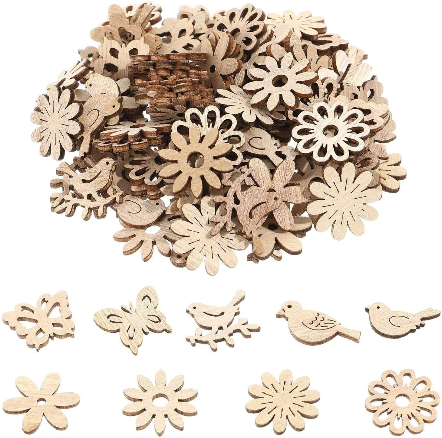 100Pcs Wooden Cutouts Wood Bird Butterfly Flower Slices Wooden Table Rustic for DIY Craft Making Supplies