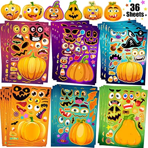 36 Sheets Halloween Make A Pumpkin Stickers, Pumpkin Face Stickers, Halloween Pumpkin Craft Stickers for Kids Toddlers Halloween Party Favors Treats Party Games Goody Bag Filler