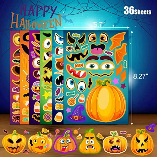 36 Sheets Halloween Make A Pumpkin Stickers, Pumpkin Face Stickers, Halloween Pumpkin Craft Stickers for Kids Toddlers Halloween Party Favors Treats Party Games Goody Bag Filler