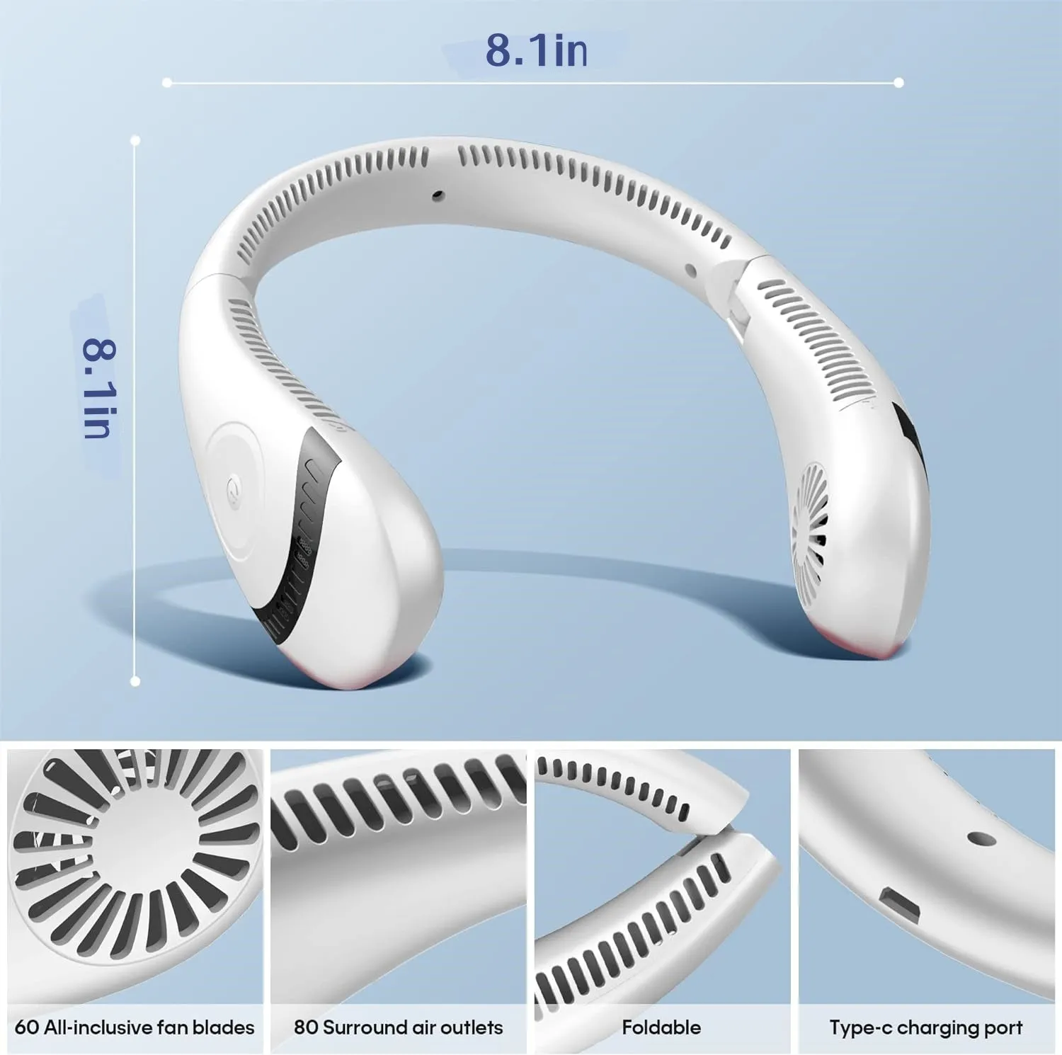 5000mAh Bladeless Foldable Quiet Neck Fan, 3 Speeds