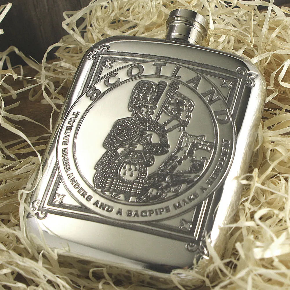 6oz Highland Piper Pewter Hip Flask