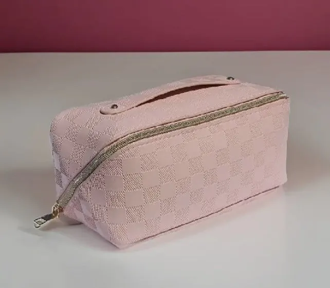 Accessories/Gifts - Vegan Leather Checkered Makeup Bag, Brown or Pink