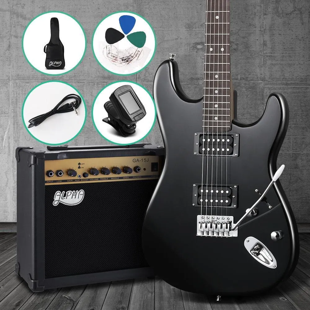 Alpha Electric Guitar And AMP Music String Instrument Rock Black Carry Bag Steel String