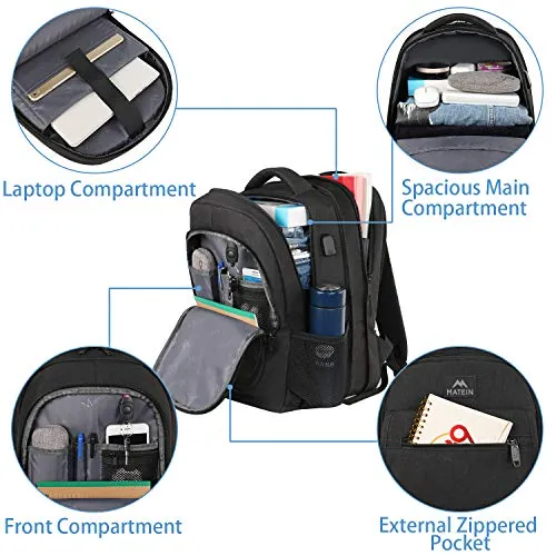 Backpack for School, Expandable 15.6 inch College Backpack for Boys Girls, Anti Theft Travel Backpack with USB Charging Port, Water Resistant Laptop Backpack Large Bookbag Gifts for Men Women, Black