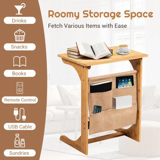 Bamboo Sofa Table End Table Bedside Table with Storage Bag