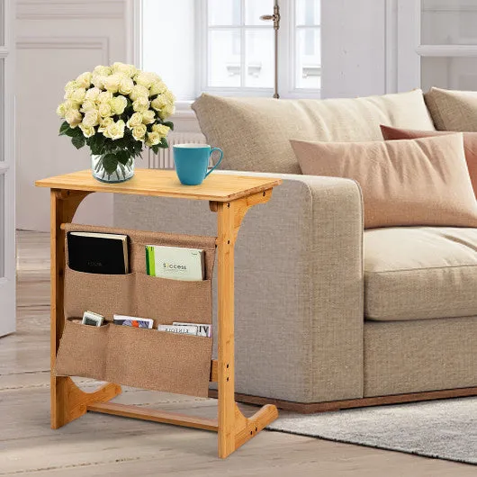 Bamboo Sofa Table End Table Bedside Table with Storage Bag