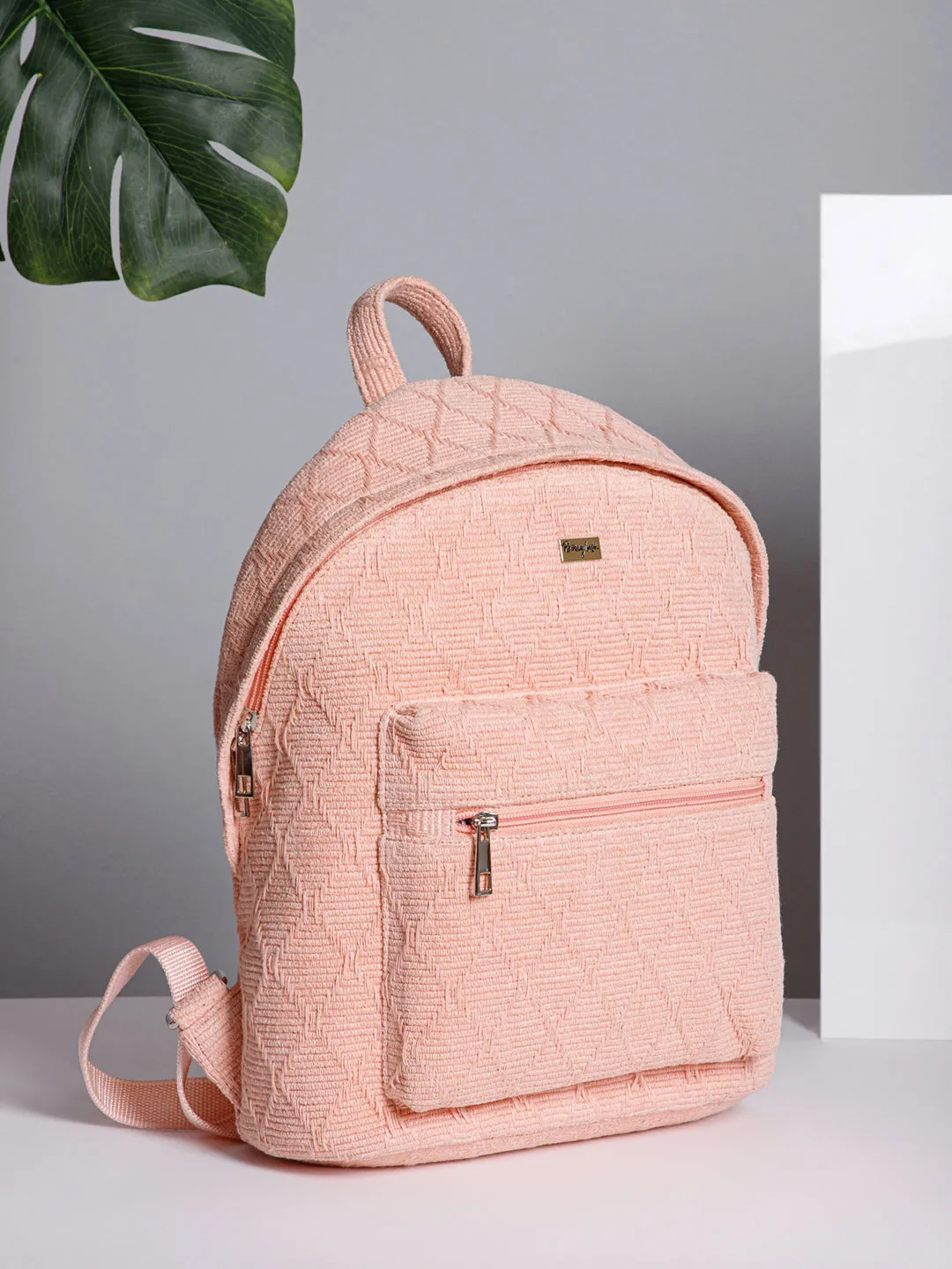 Berrylush Women Textured Pink Fabric Zipper-Up Padded Shoulder Strap Laptop Backpack