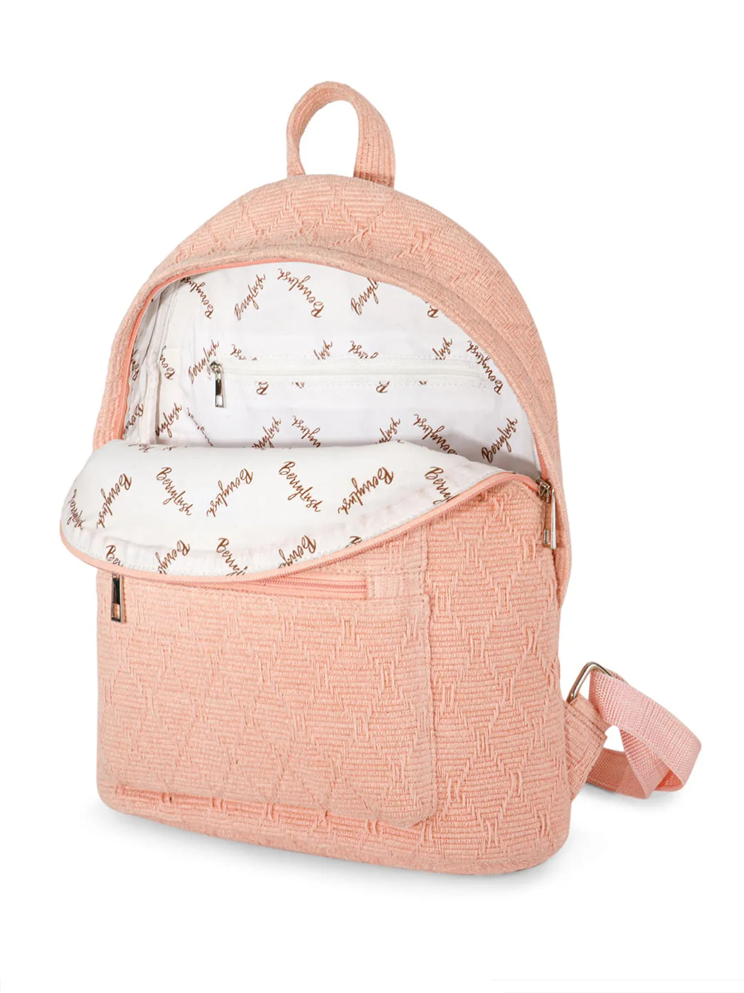 Berrylush Women Textured Pink Fabric Zipper-Up Padded Shoulder Strap Laptop Backpack