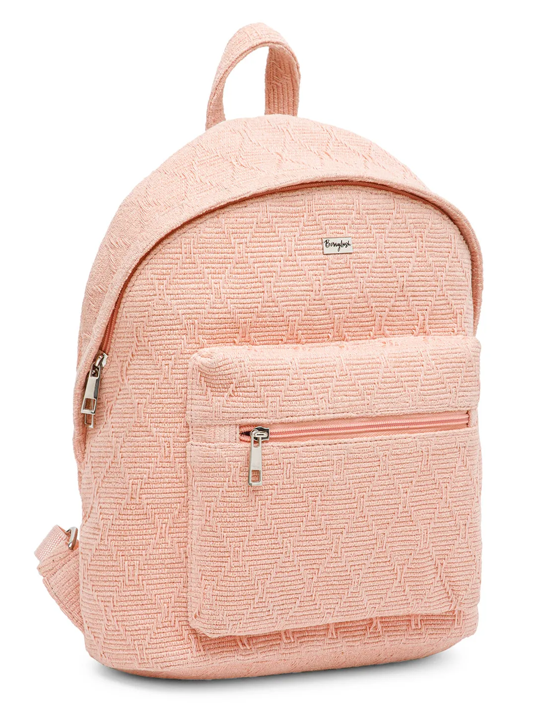 Berrylush Women Textured Pink Fabric Zipper-Up Padded Shoulder Strap Laptop Backpack