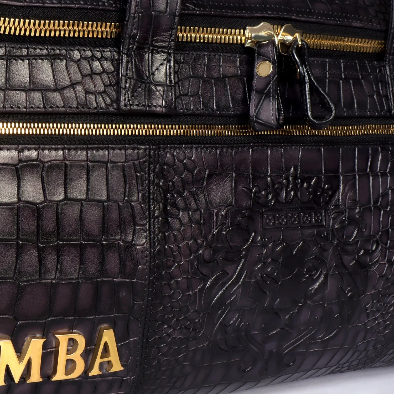 Bespoke 'LAMBA' Metal Initial Embossed Lion Smokey Grey Croco Textured Leather Duffle/Gym Bag by Brune & Bareskin