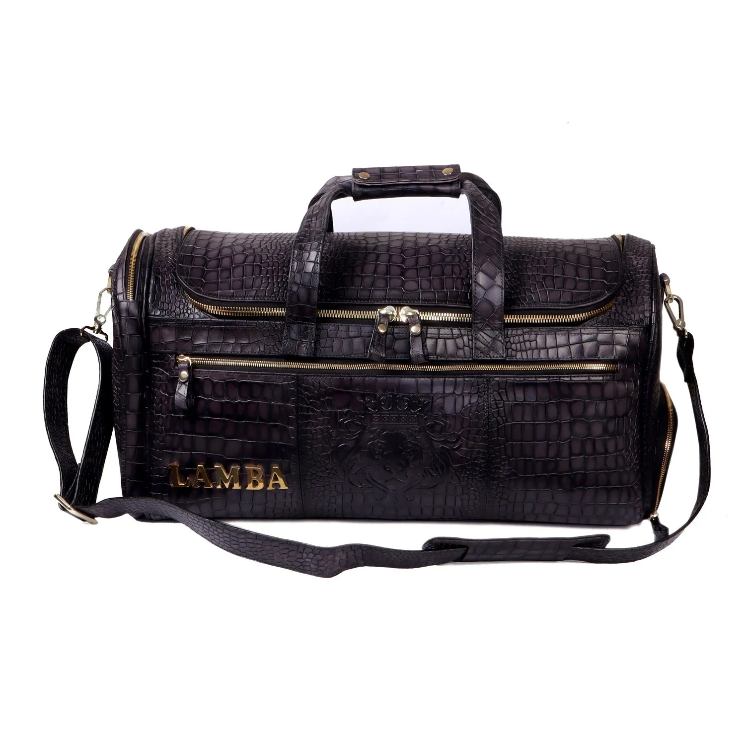 Bespoke 'LAMBA' Metal Initial Embossed Lion Smokey Grey Croco Textured Leather Duffle/Gym Bag by Brune & Bareskin