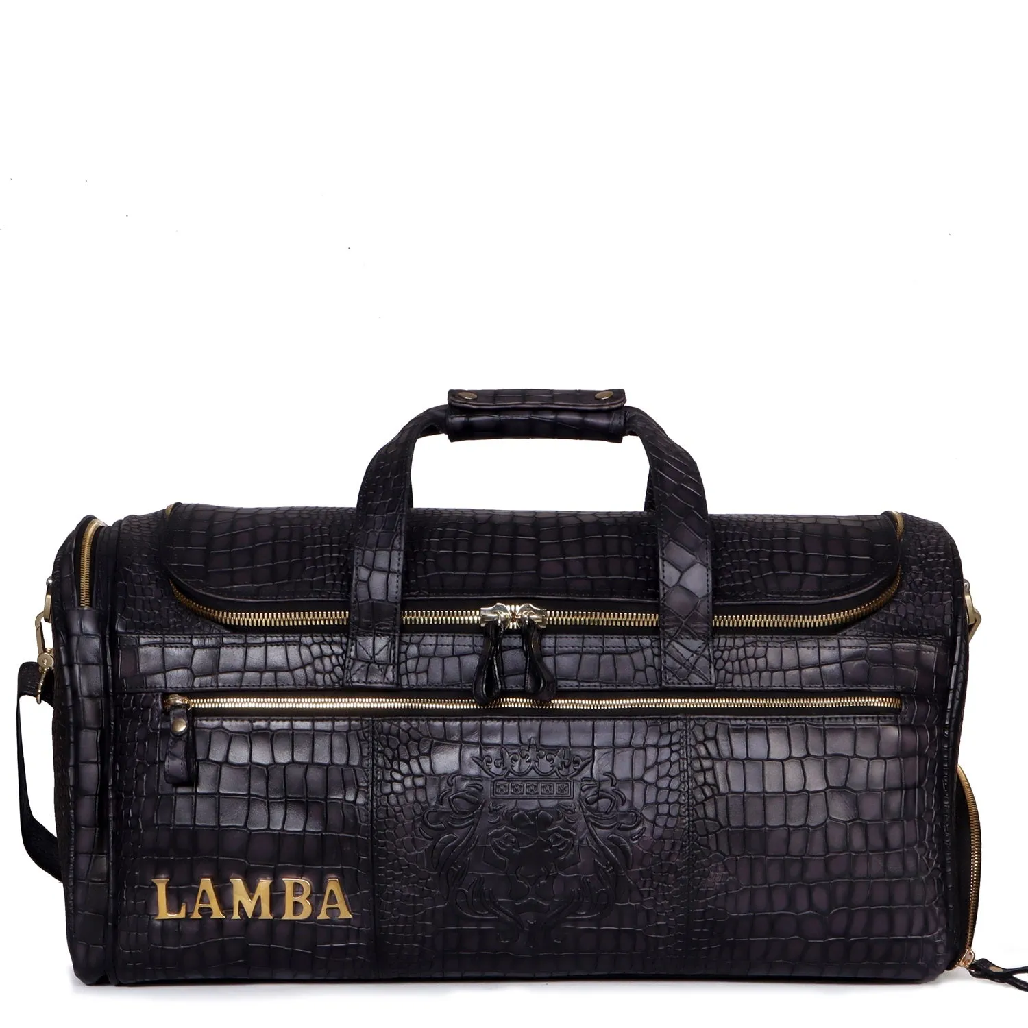 Bespoke 'LAMBA' Metal Initial Embossed Lion Smokey Grey Croco Textured Leather Duffle/Gym Bag by Brune & Bareskin