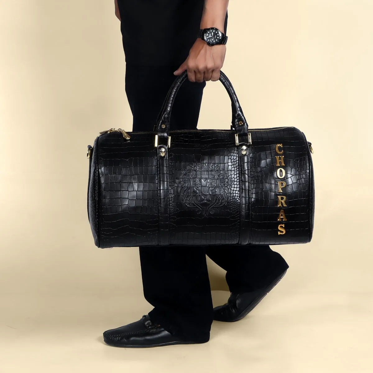 Bespoke "CHOPRAS" Metal Initial Deep cut Leather Duffle bag/Gym bag