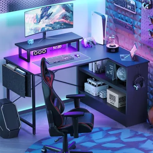 Bestier Small L Shaped Desk with LED Lights, 42 Reversible Computer Desk with Open Storage Cabinet & Monitor Stand, Corner Desk with Side Storage Bag for Home Office Bedroom, Black