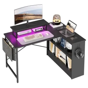 Bestier Small L Shaped Desk with LED Lights, 42 Reversible Computer Desk with Open Storage Cabinet & Monitor Stand, Corner Desk with Side Storage Bag for Home Office Bedroom, Black