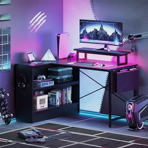 Bestier Small L Shaped Desk with LED Lights, 42 Reversible Computer Desk with Open Storage Cabinet & Monitor Stand, Corner Desk with Side Storage Bag for Home Office Bedroom, Black