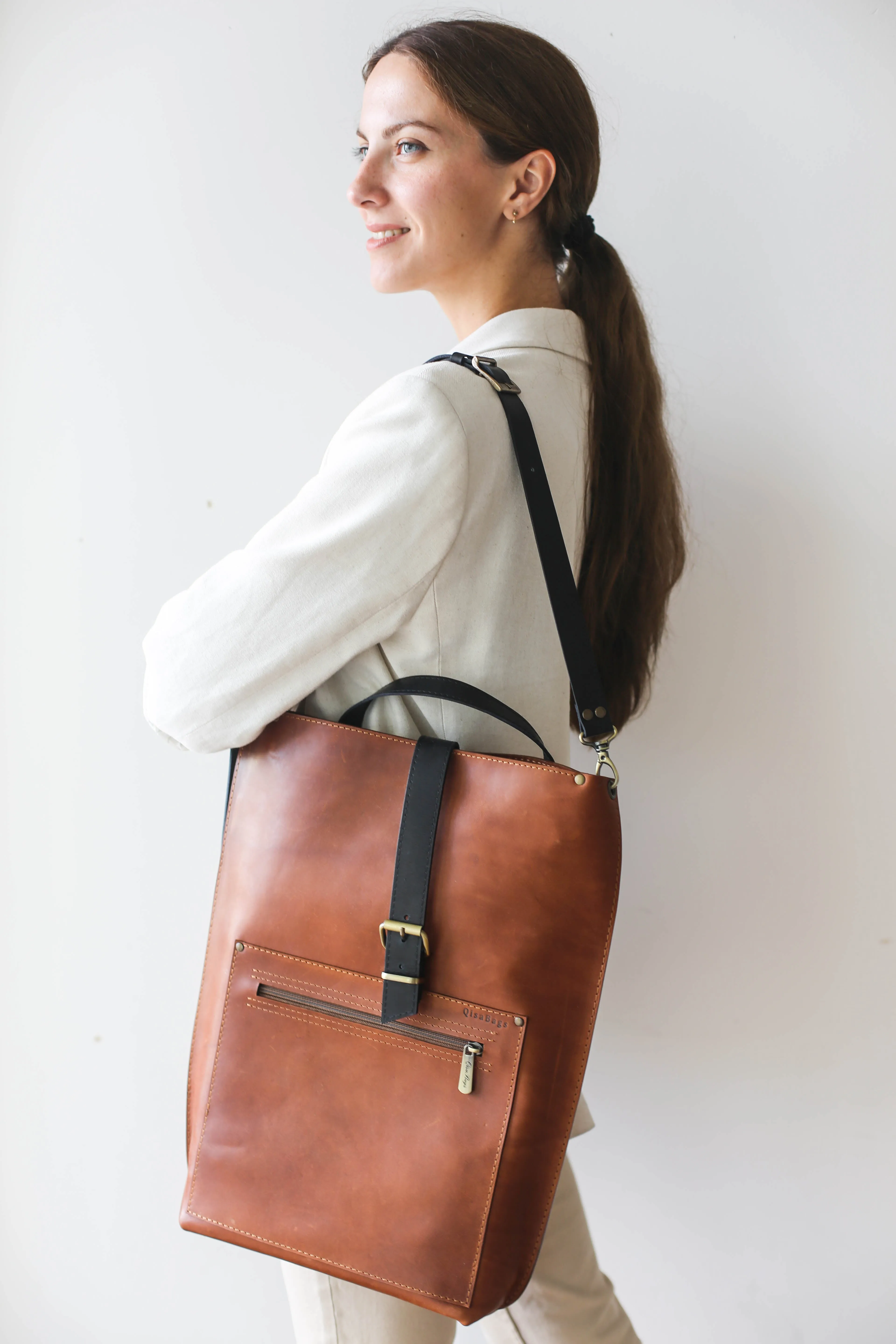 Black Dual Leather Laptop Backpack w/Zipper - Buckle Edition