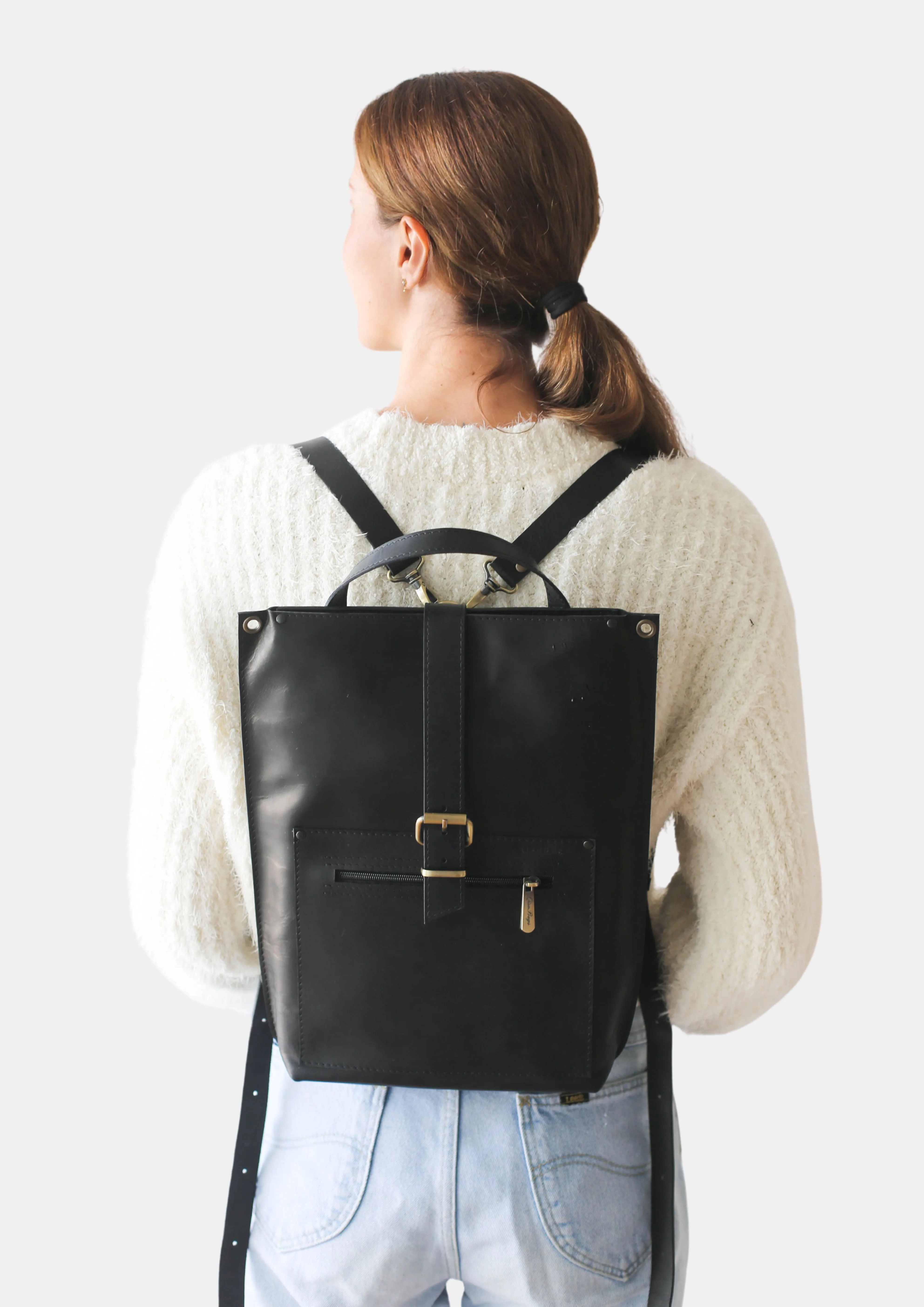 Black Leather Laptop Backpack w/Zipper - Buckle Edition