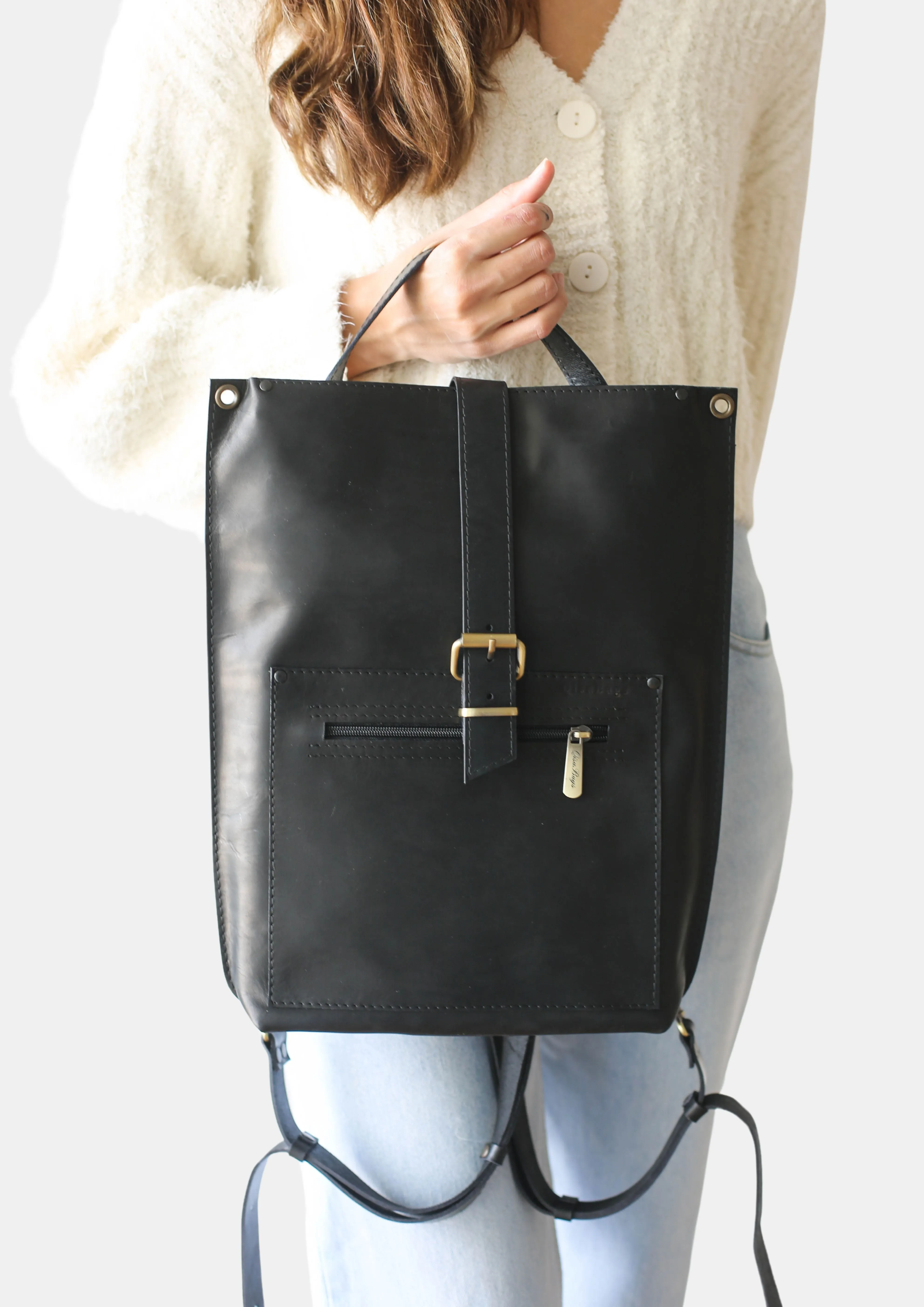 Black Leather Laptop Backpack w/Zipper - Buckle Edition