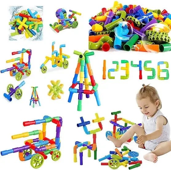 Blocks Creative Tube Locks Construction Set Toy with Wheels Kids Educational Preschool Learning Toys Plastic Water Pipe Shaped Blocks - Pipe Puzzle Game