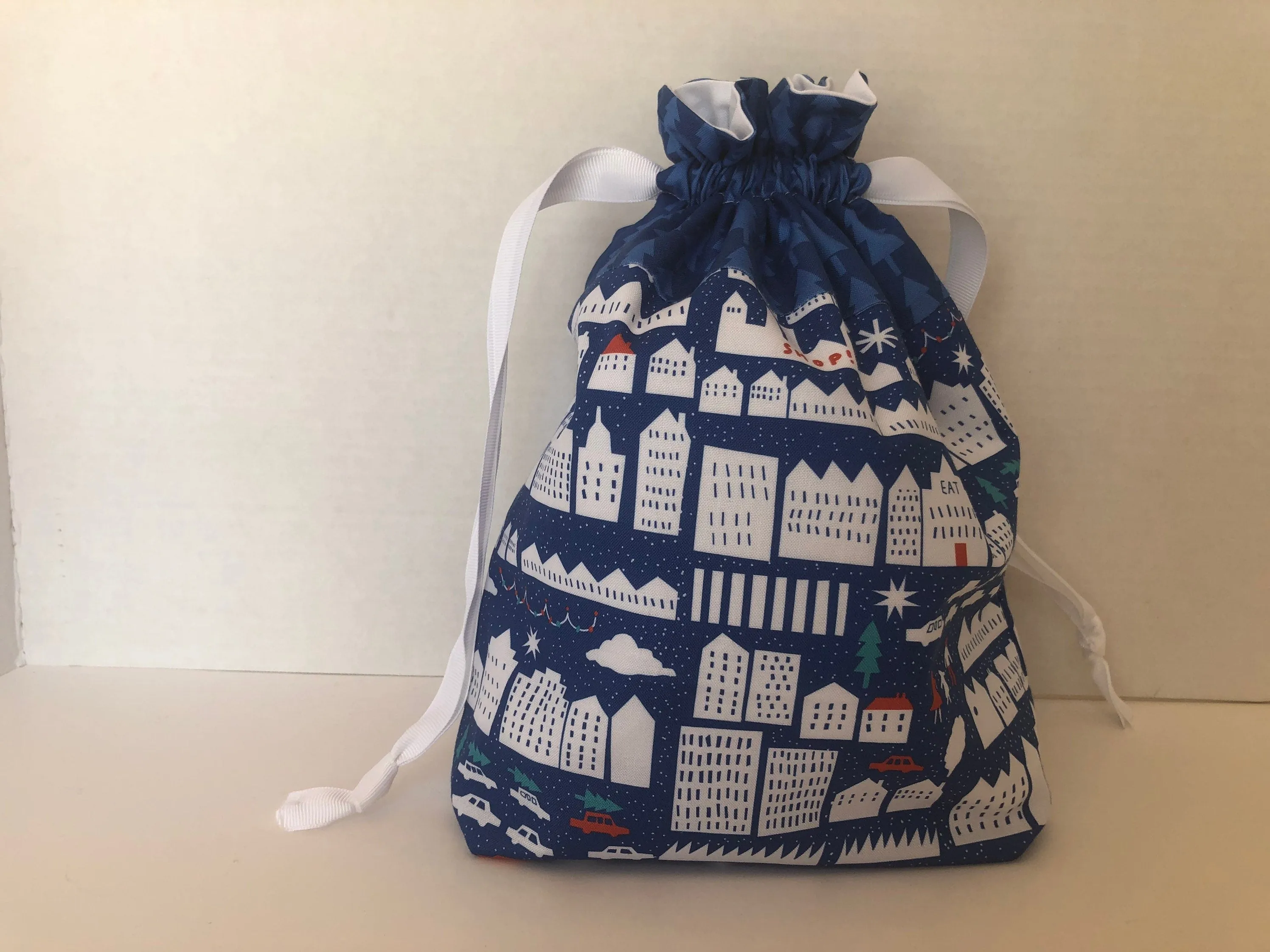 Blue Reusable Drawstring Fabric Gift Bag, Christmas Gift Bag