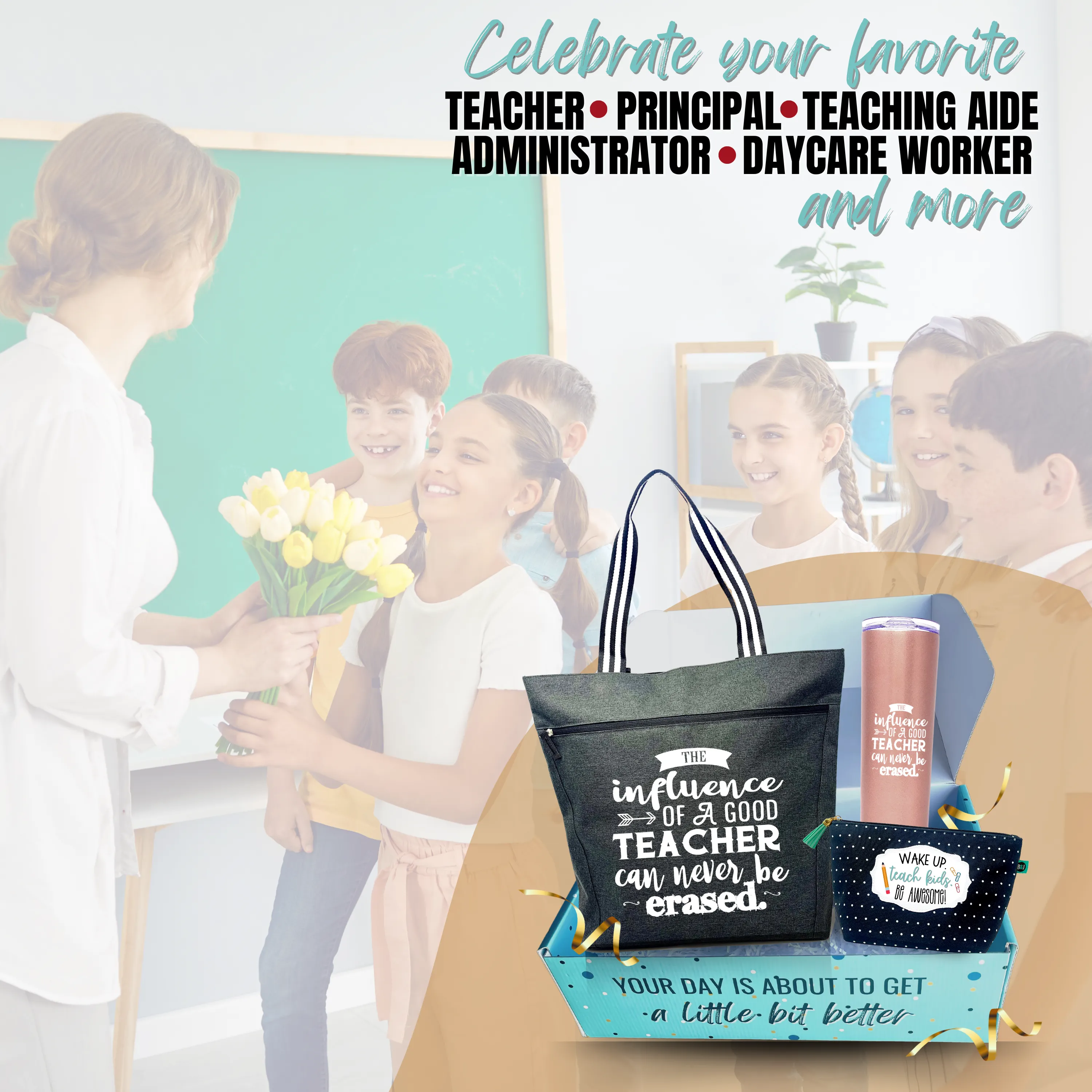 Brooke and Jess Designs Teacher Gift Box - Teacher Influence Tote, 20 oz Skinny Tumbler, and Magnet Bundle Gift Set