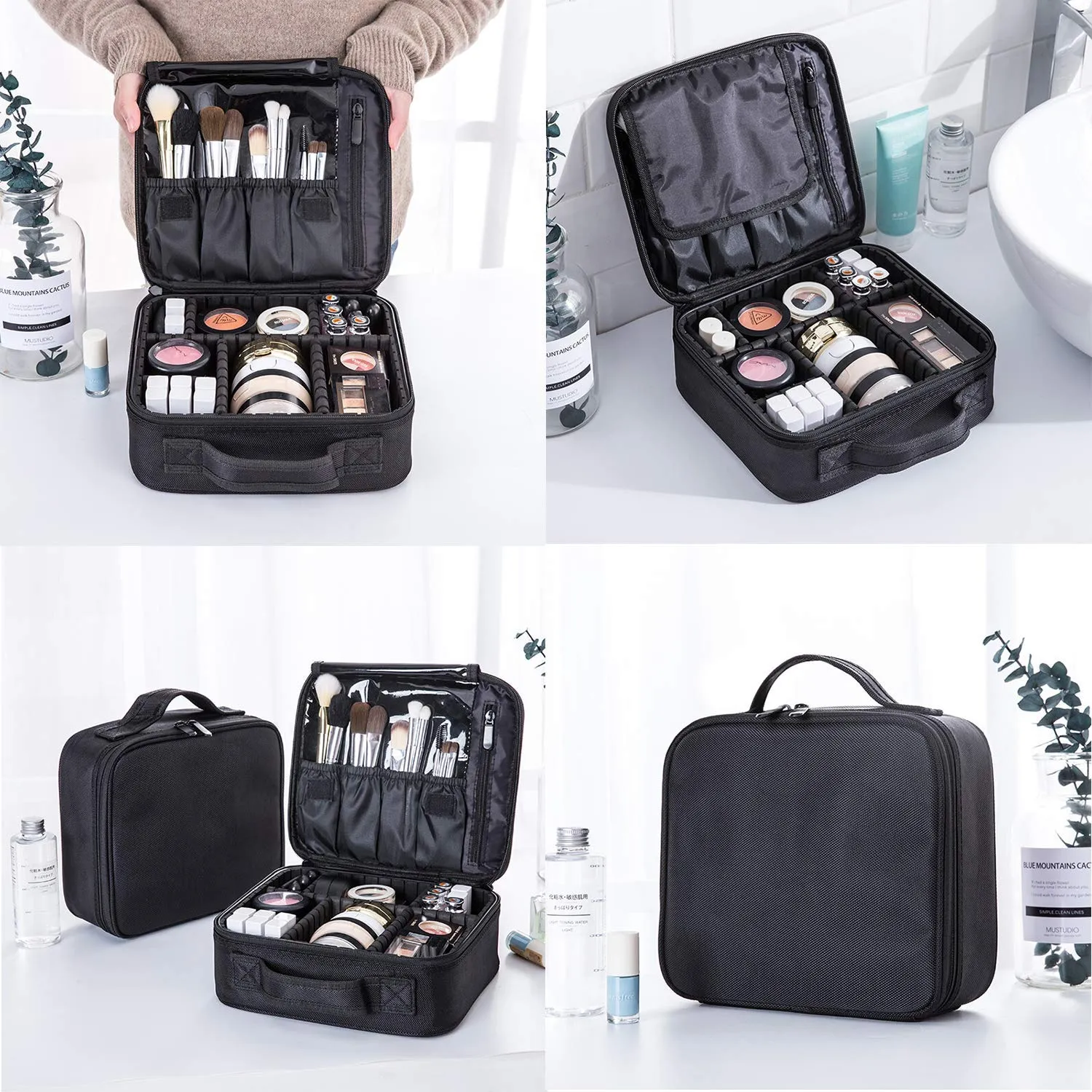 Bvser Travel Makeup Case, Cosmetic Train Case Organizer Portable Artist Storage Makeup Bag with Adjustable Dividers for Cosmetics Makeup Brushes Toiletry Jewelry Digital Accessories - Black