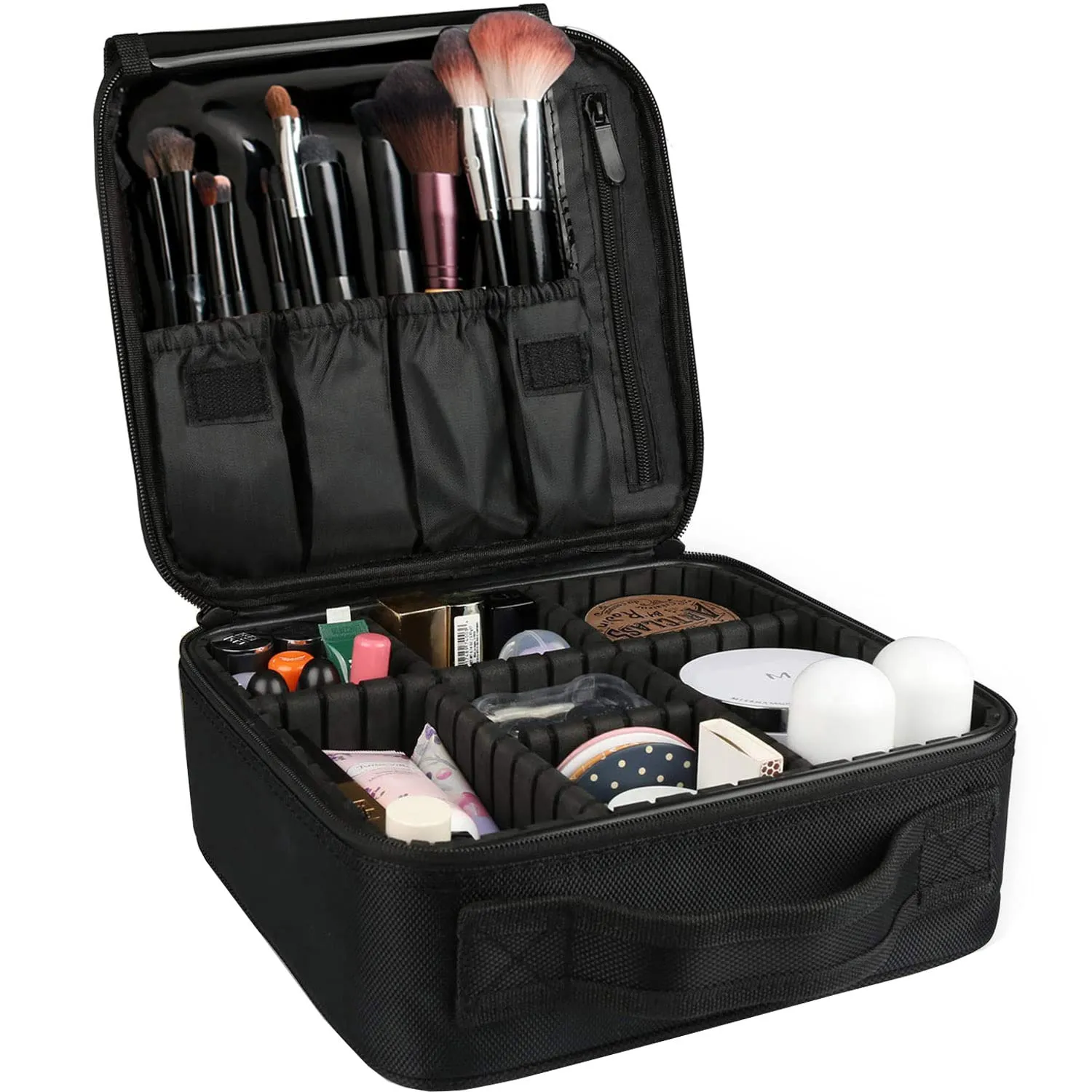 Bvser Travel Makeup Case, Cosmetic Train Case Organizer Portable Artist Storage Makeup Bag with Adjustable Dividers for Cosmetics Makeup Brushes Toiletry Jewelry Digital Accessories - Black