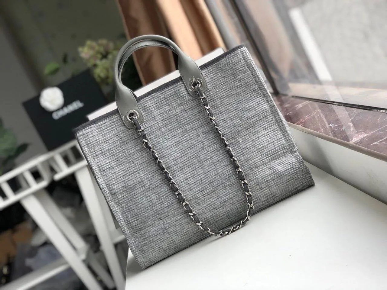 CHLSmall Shopping Bag Silver Hardware Grey For Women, Women&#8217;s Handbags, Shoulder Bags 15.2in/39cm AS3257