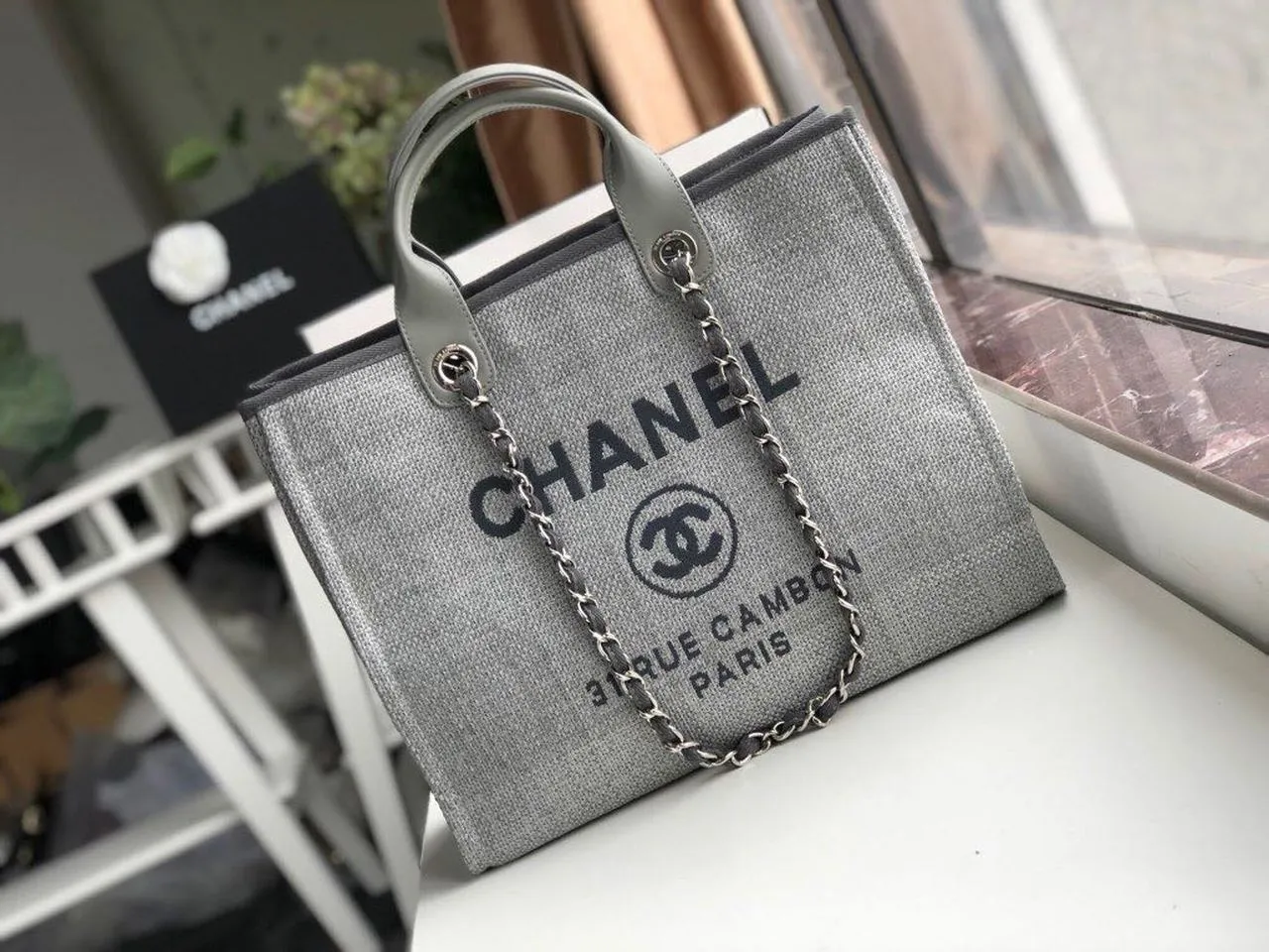 CHLSmall Shopping Bag Silver Hardware Grey For Women, Women&#8217;s Handbags, Shoulder Bags 15.2in/39cm AS3257