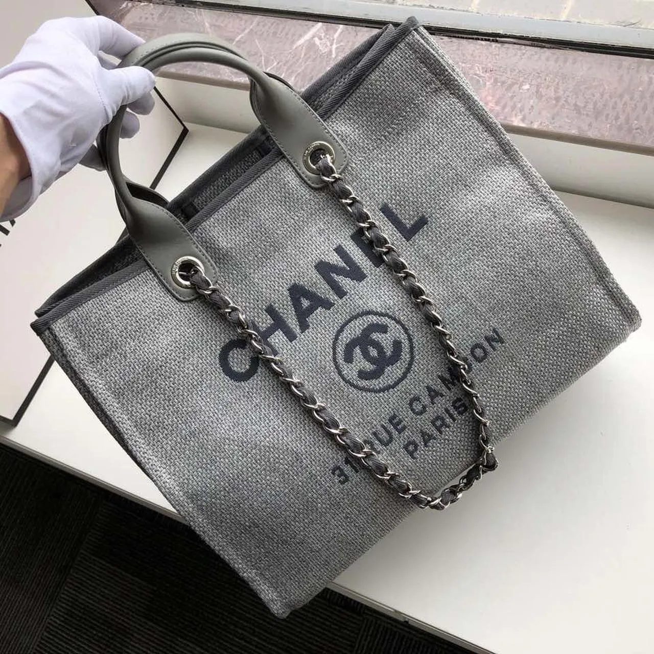 CHLSmall Shopping Bag Silver Hardware Grey For Women, Women&#8217;s Handbags, Shoulder Bags 15.2in/39cm AS3257