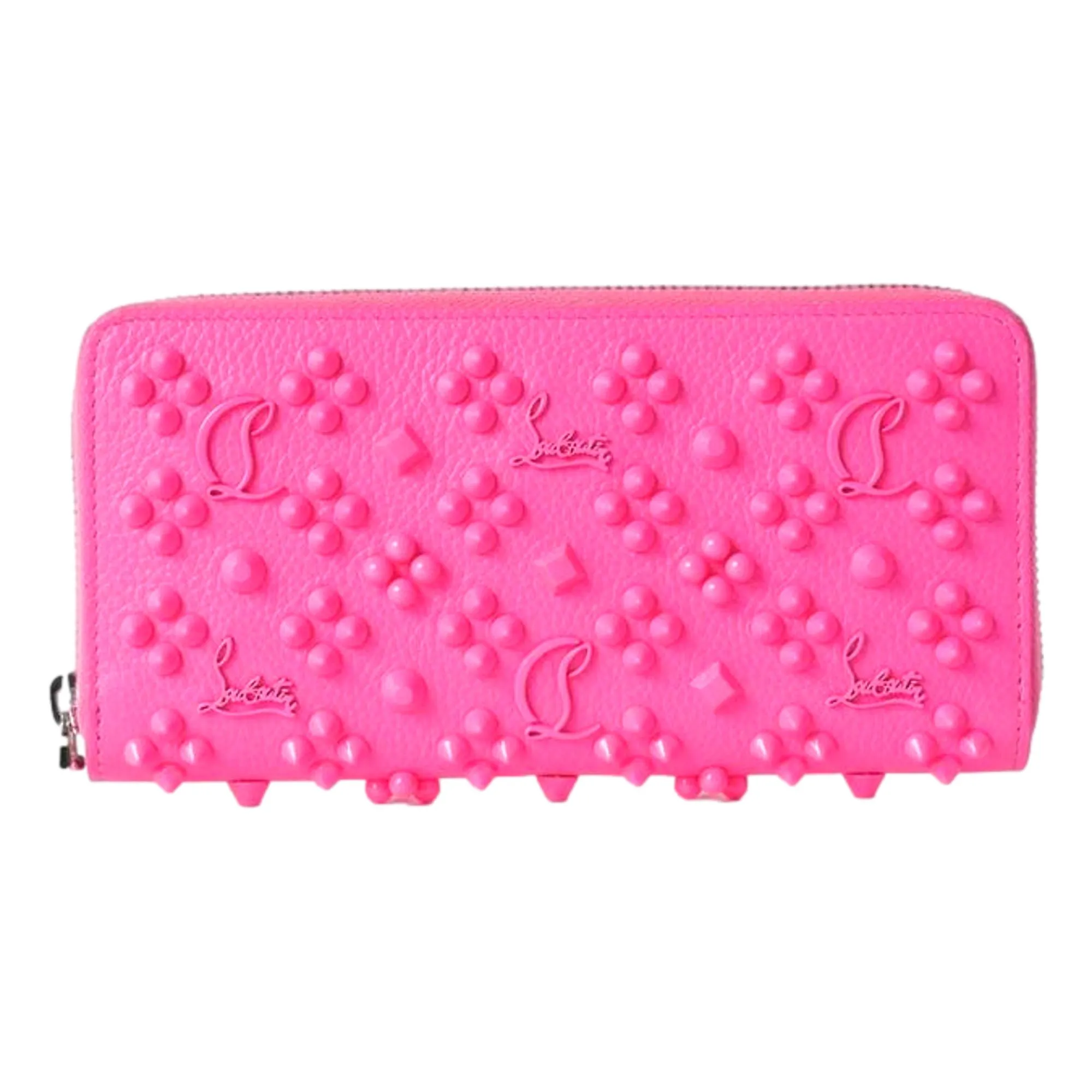 Christian Louboutin Panettone Studded Pink Leather Zip Around Wallet