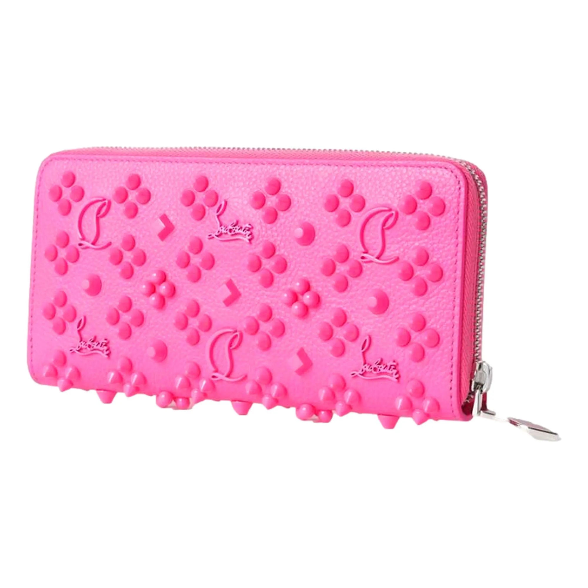 Christian Louboutin Panettone Studded Pink Leather Zip Around Wallet