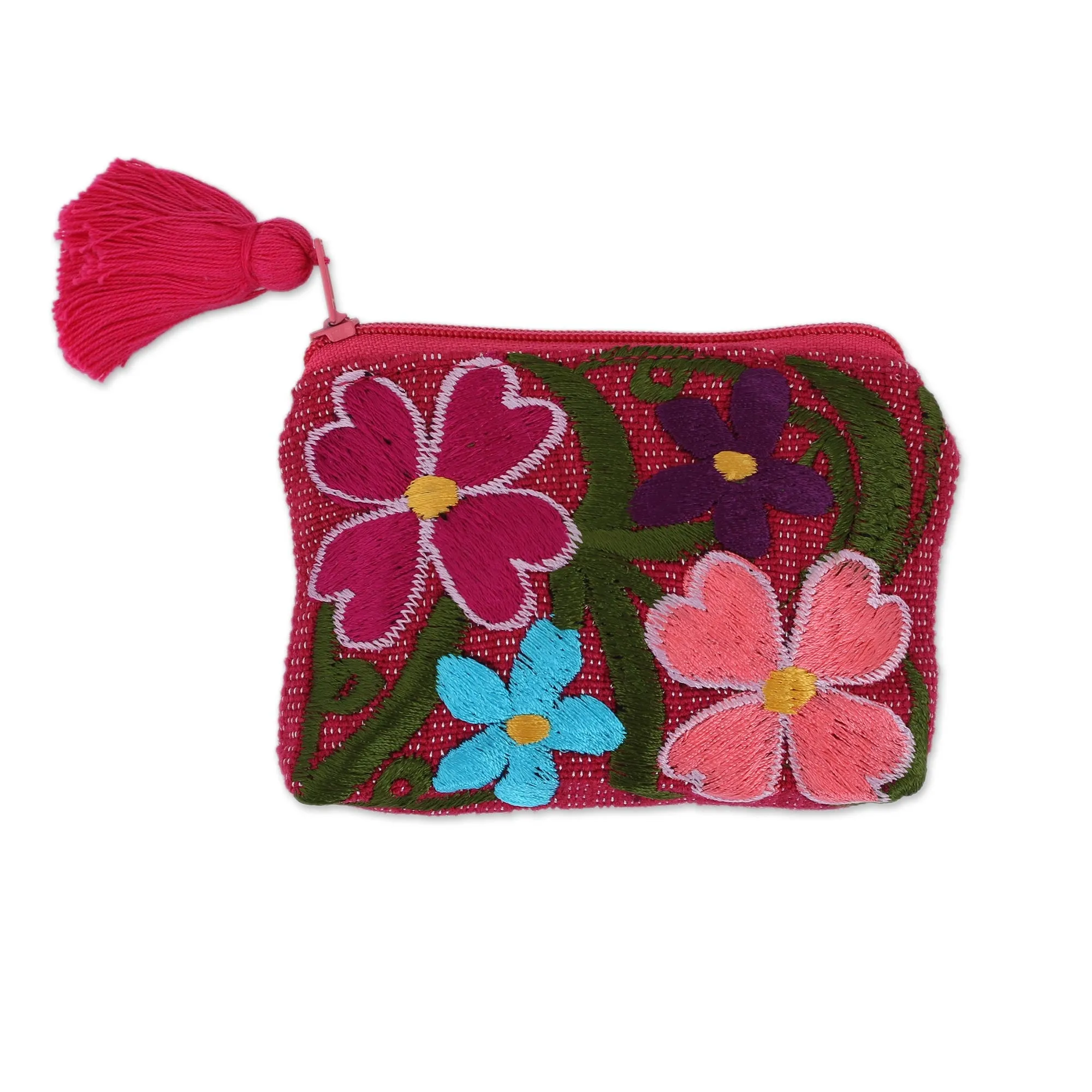 Cotton Colorful Embroidered Floral Motif Coin Purse - Garden of Treasures | NOVICA