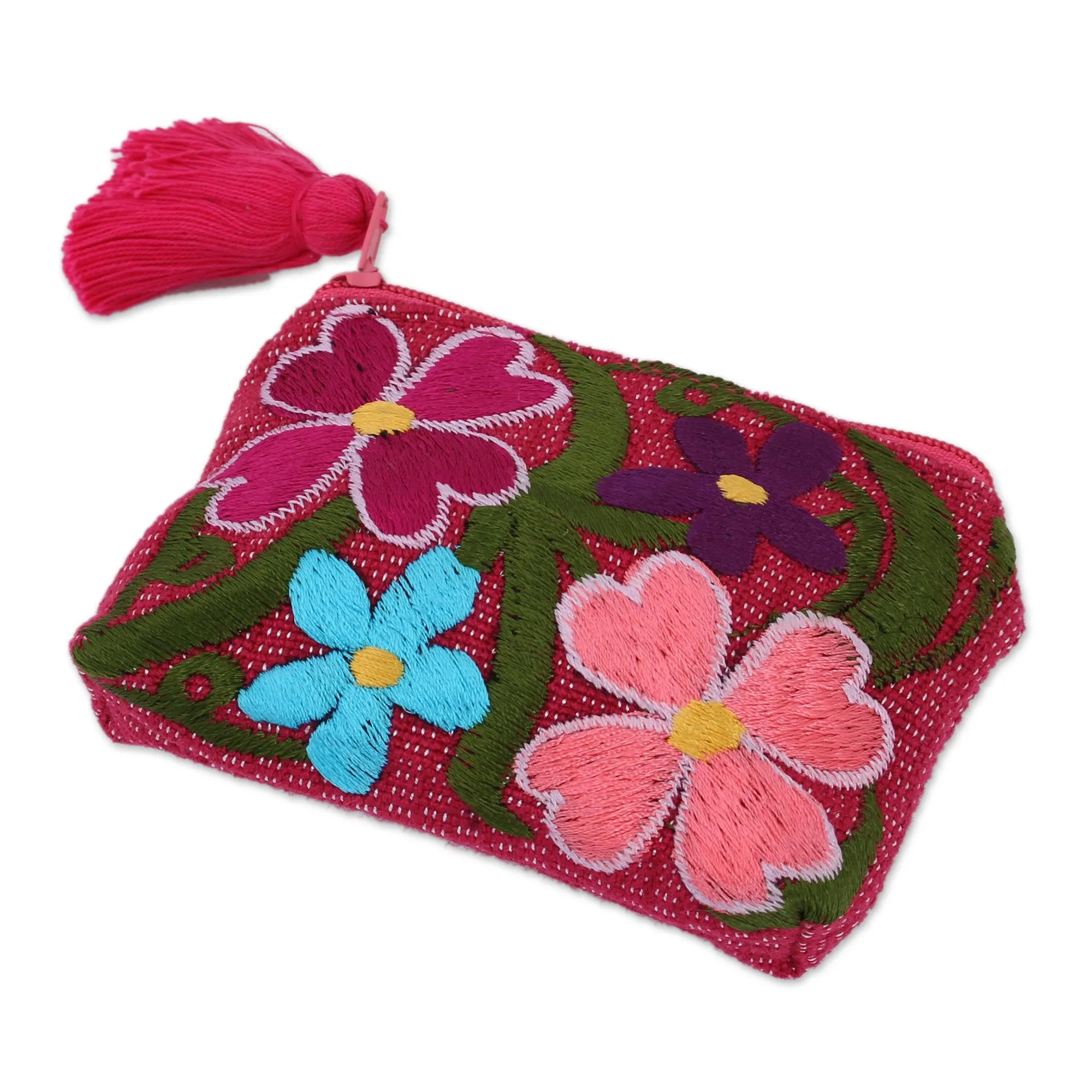 Cotton Colorful Embroidered Floral Motif Coin Purse - Garden of Treasures | NOVICA