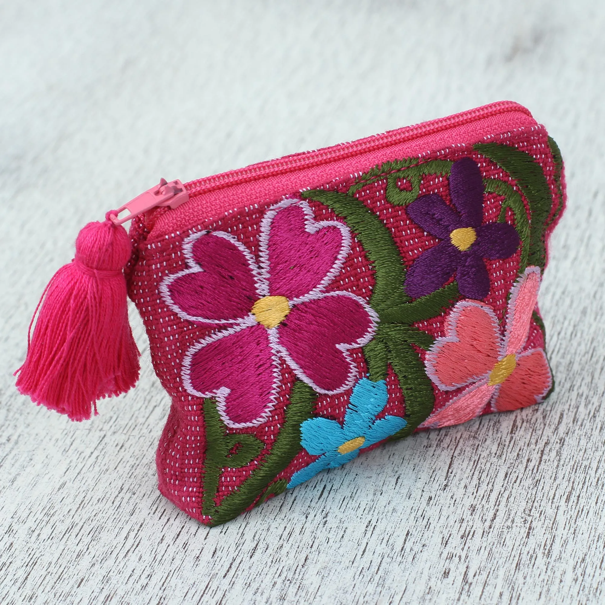 Cotton Colorful Embroidered Floral Motif Coin Purse - Garden of Treasures | NOVICA