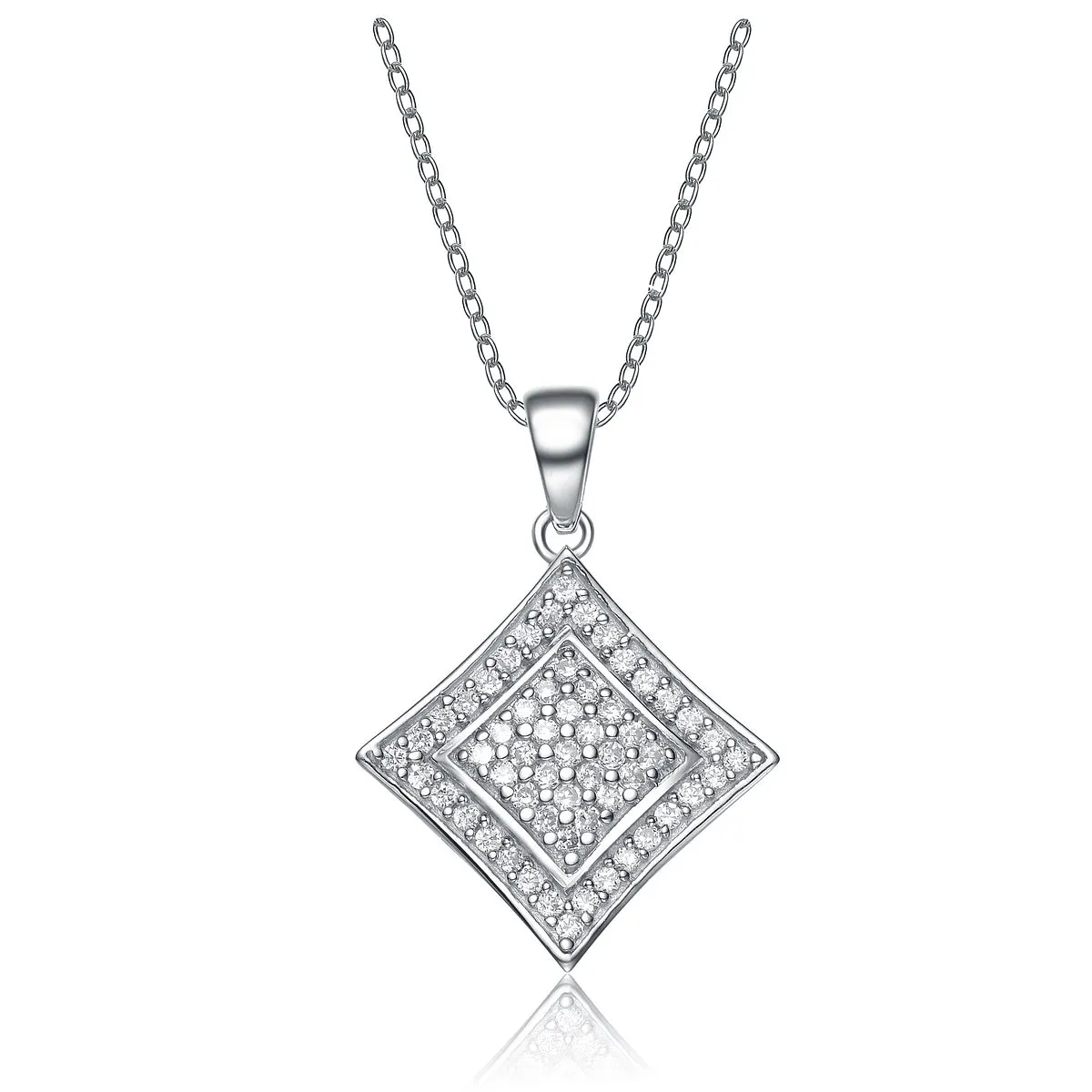 Cubic Zirconia Sterling Silver Rhodium Plated Square Shape Drop Pendant