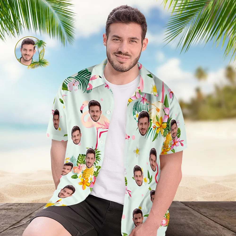 Custom Face Hawaiian Shirt Men's All Over Print Aloha Shirt Gift - Romantic Hawaiian and Flamingos