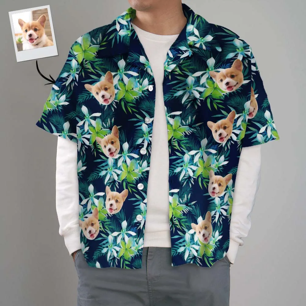 Custom Hawaiian Shirt with Face Custom Dog Face Hawaiian Shirt Leaves Tropical Shirts for Gift