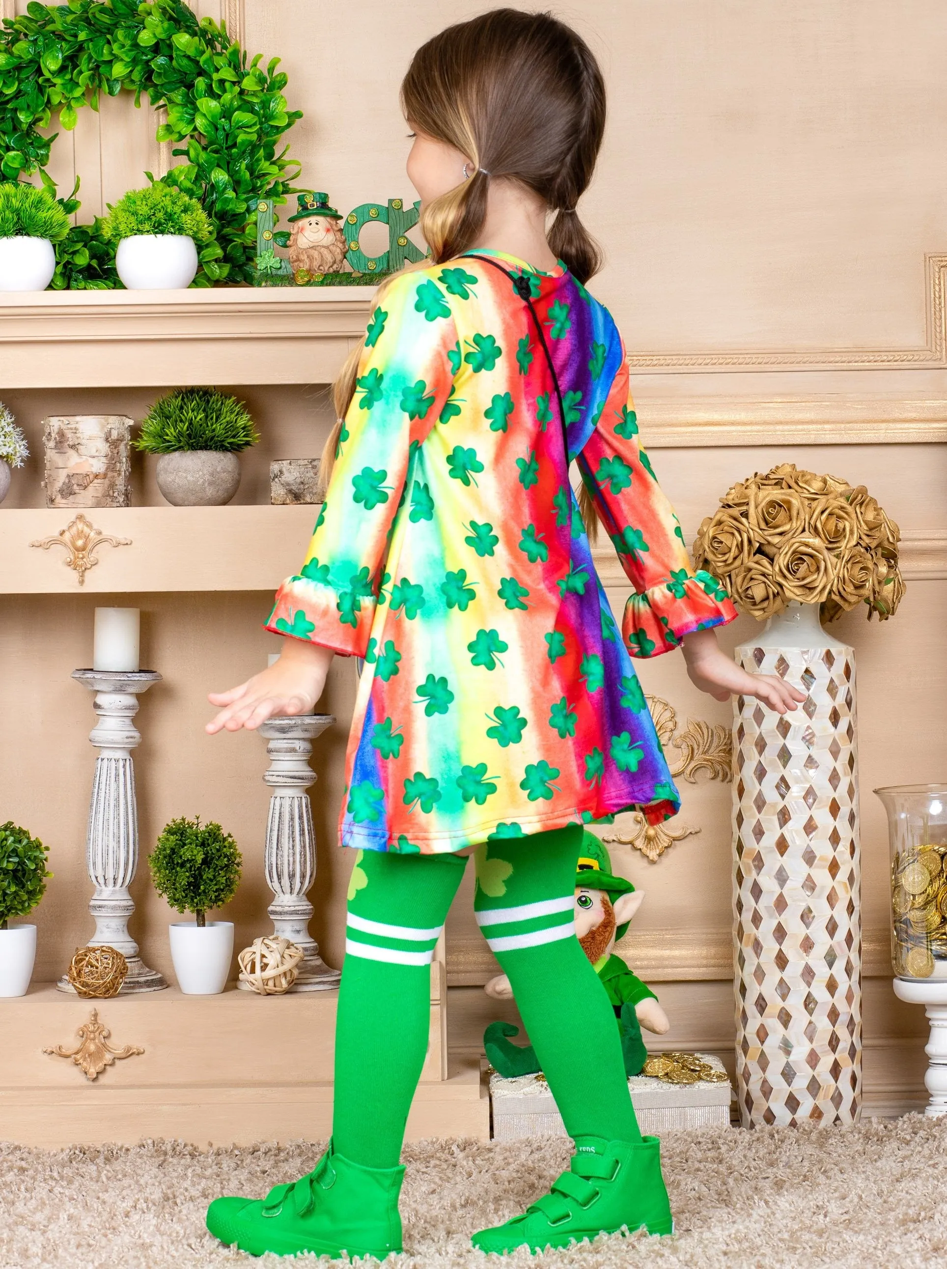 Cutest Clover Rainbow Print Dress, Purse and Socks Set