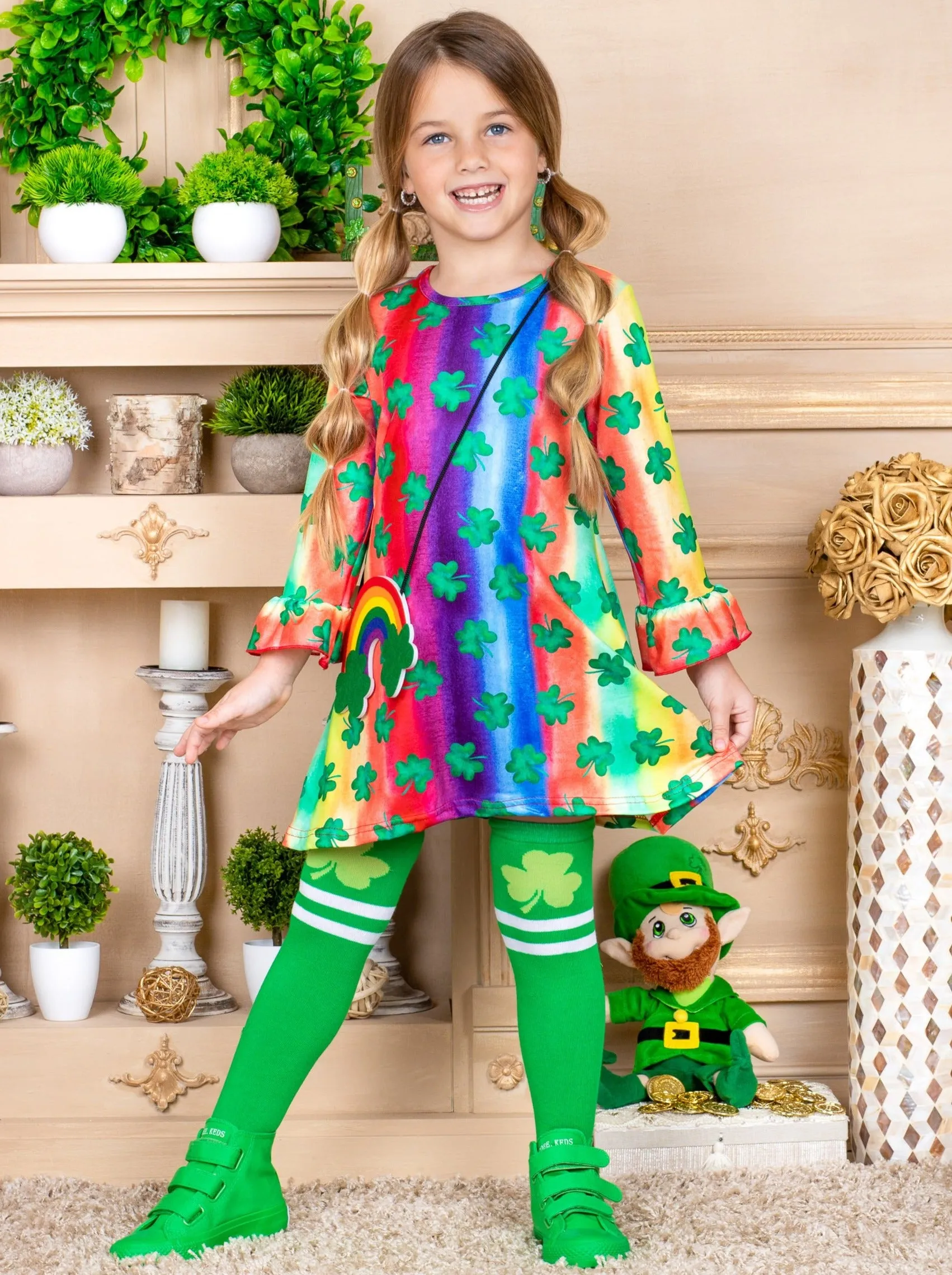 Cutest Clover Rainbow Print Dress, Purse and Socks Set