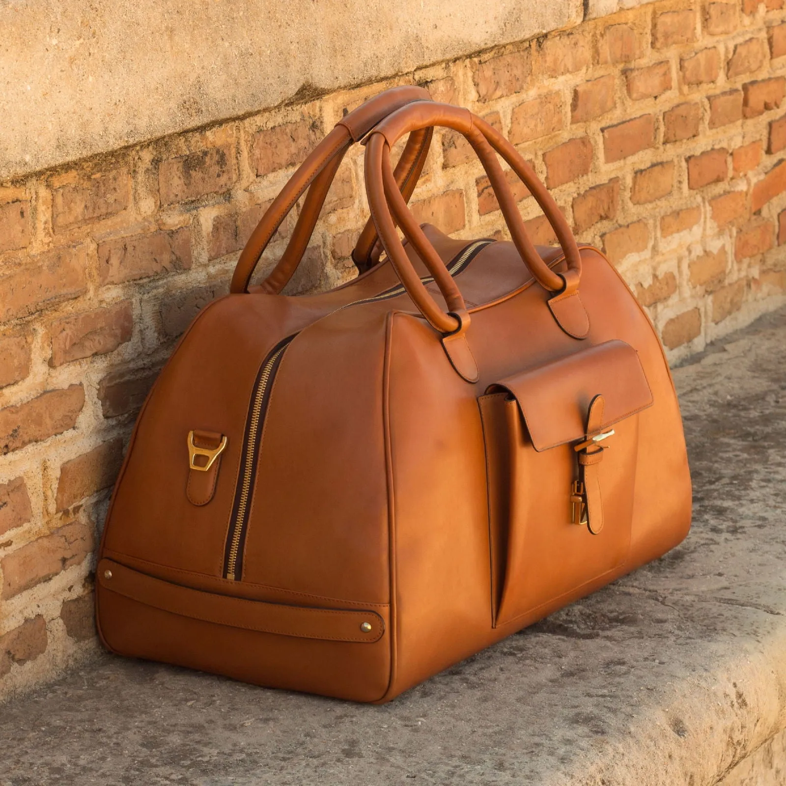 DapperFam Luxe Men's Travel Duffle in Cognac Painted Calf