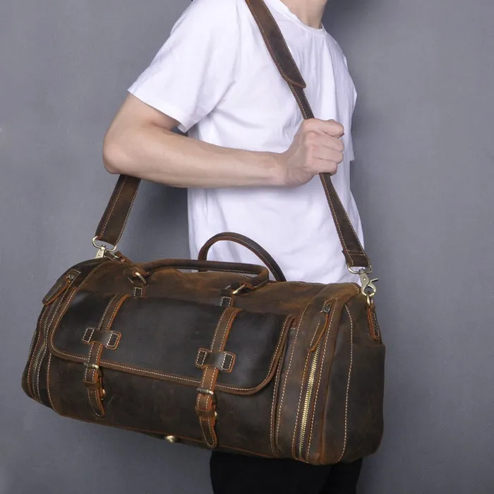 Dazzlo Full-Grain Leather Duffel Bag Weekend Bag - Brown Vintage/Dark Brown - 20"/22"/28"