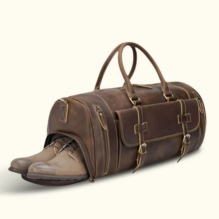 Dazzlo Full-Grain Leather Duffel Bag Weekend Bag - Brown Vintage/Dark Brown - 20"/22"/28"