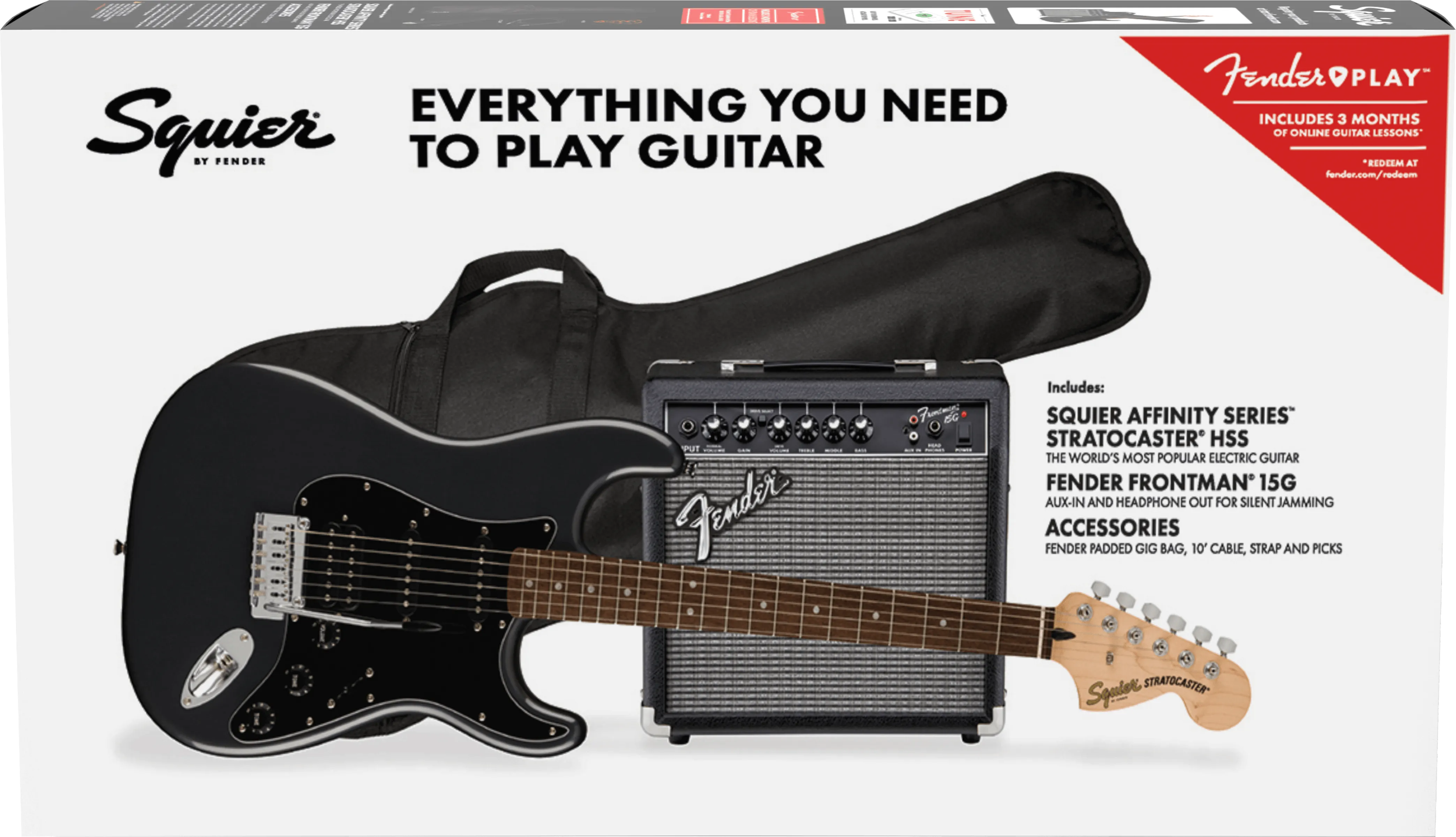 Fender Squier Affinity Series Stratocaster HSS Pack - Charcoal Frost Metallic with Frontman 15G