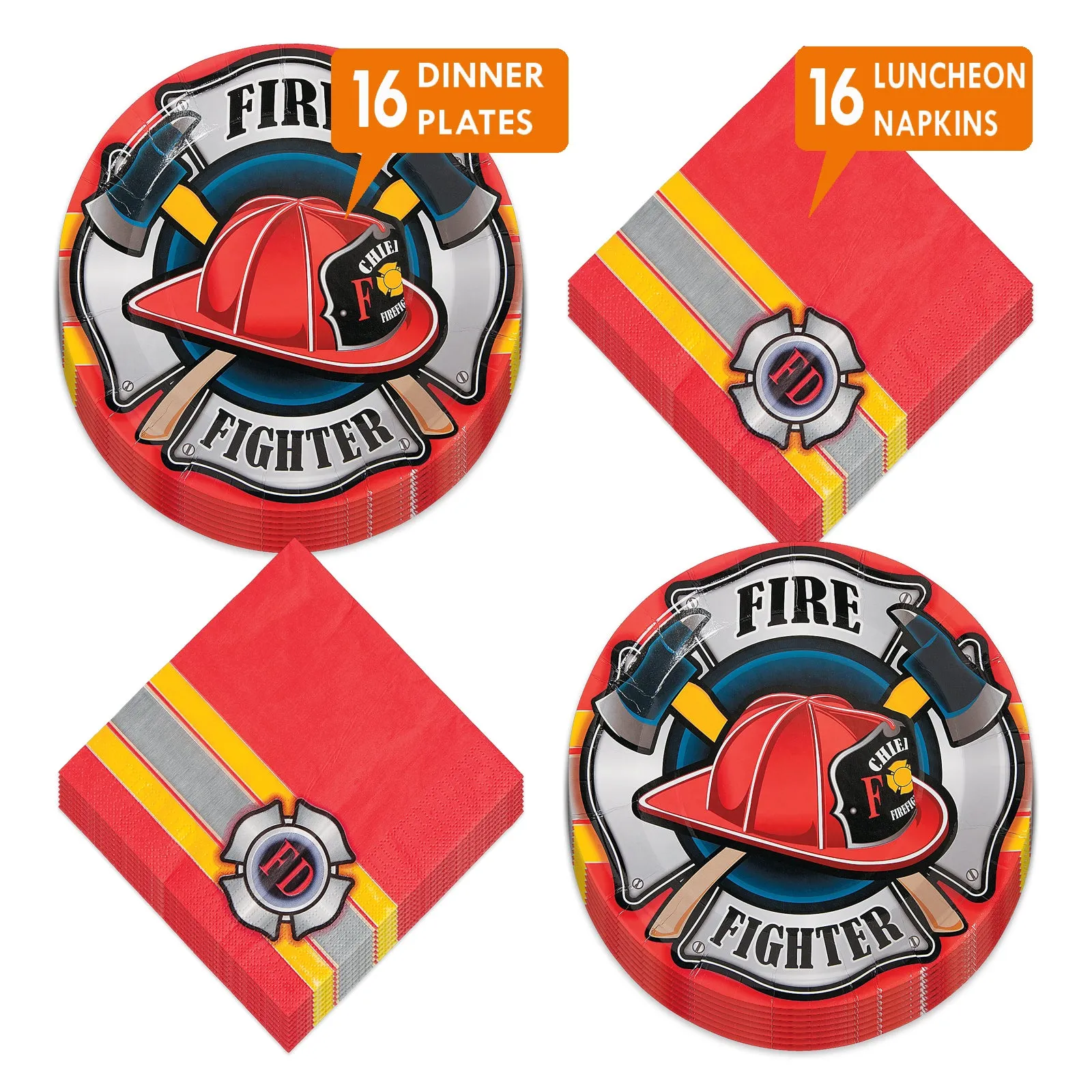 Firefighter Party Round Paper Dinner Plates and Luncheon Napkins (Serves 16)