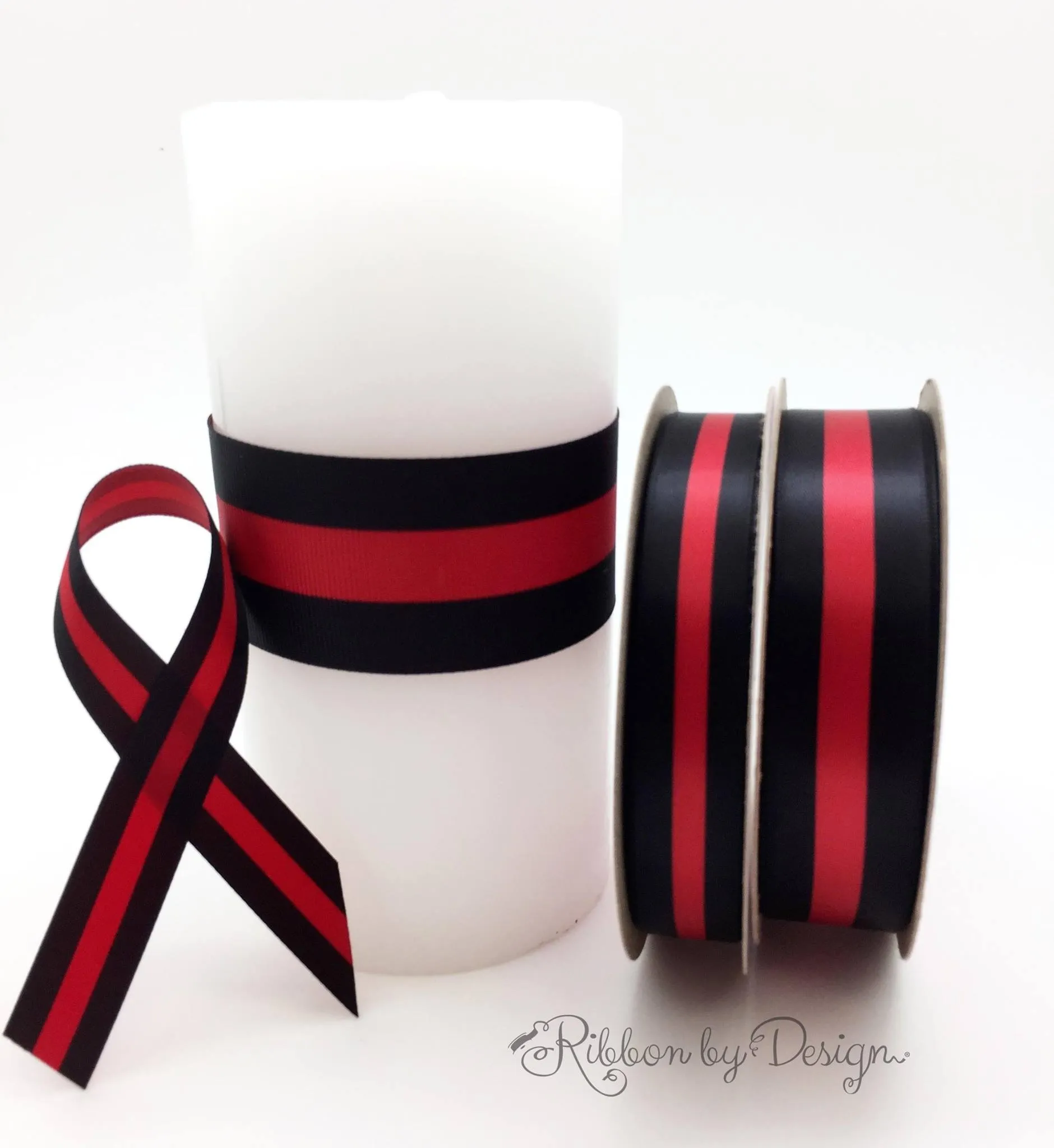 Firefighter thin red line ribbon printed on 5/8", 7/8" and 1.5" red single face satin