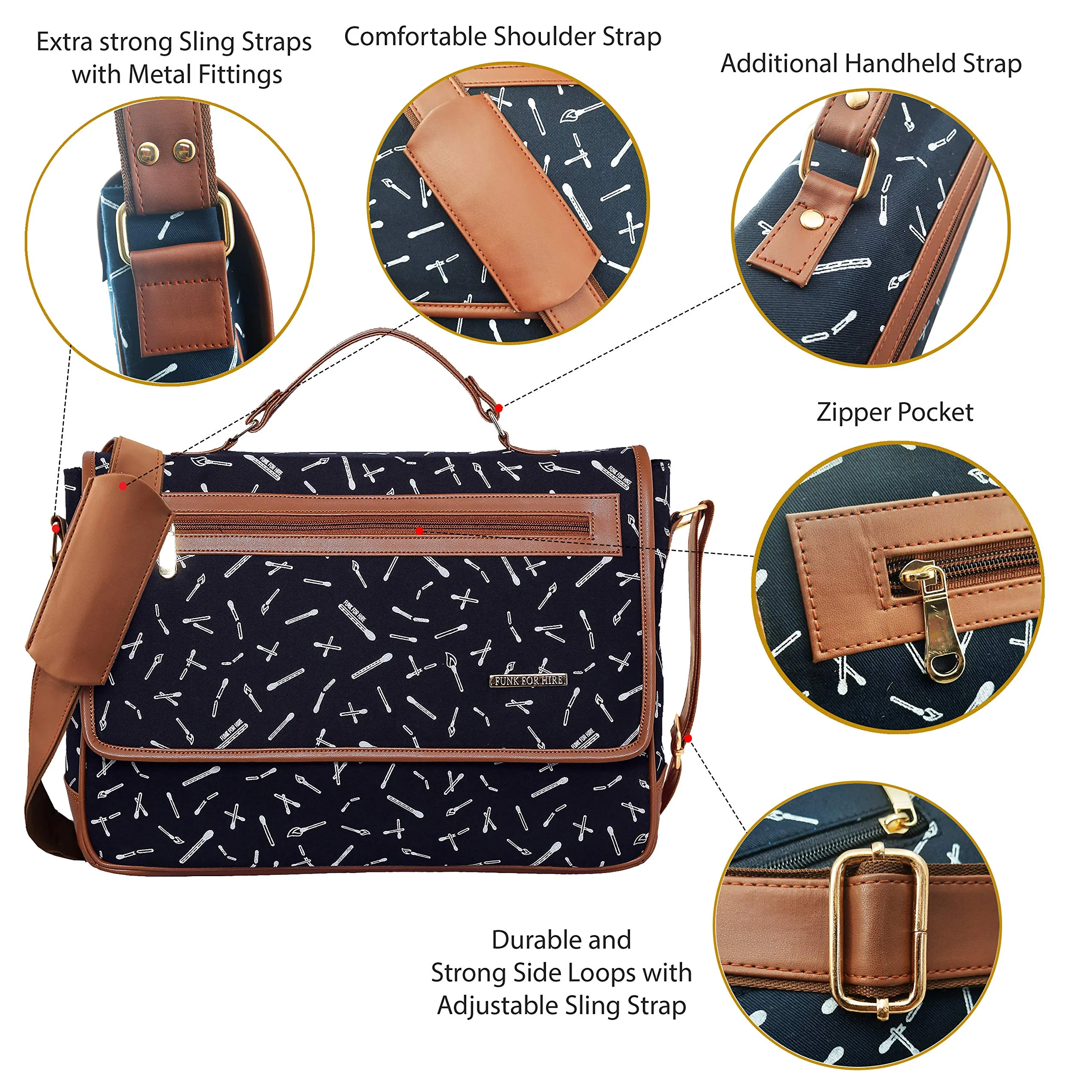 Funk For Hire Printed Flap Closure Dark Navy Blue Cotton Canvas And Faux Leather Unisex Laptop Sling Bag Fit Up To 15.6" Screen Size Laptop