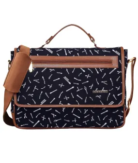 Funk For Hire Printed Flap Closure Dark Navy Blue Cotton Canvas And Faux Leather Unisex Laptop Sling Bag Fit Up To 15.6" Screen Size Laptop