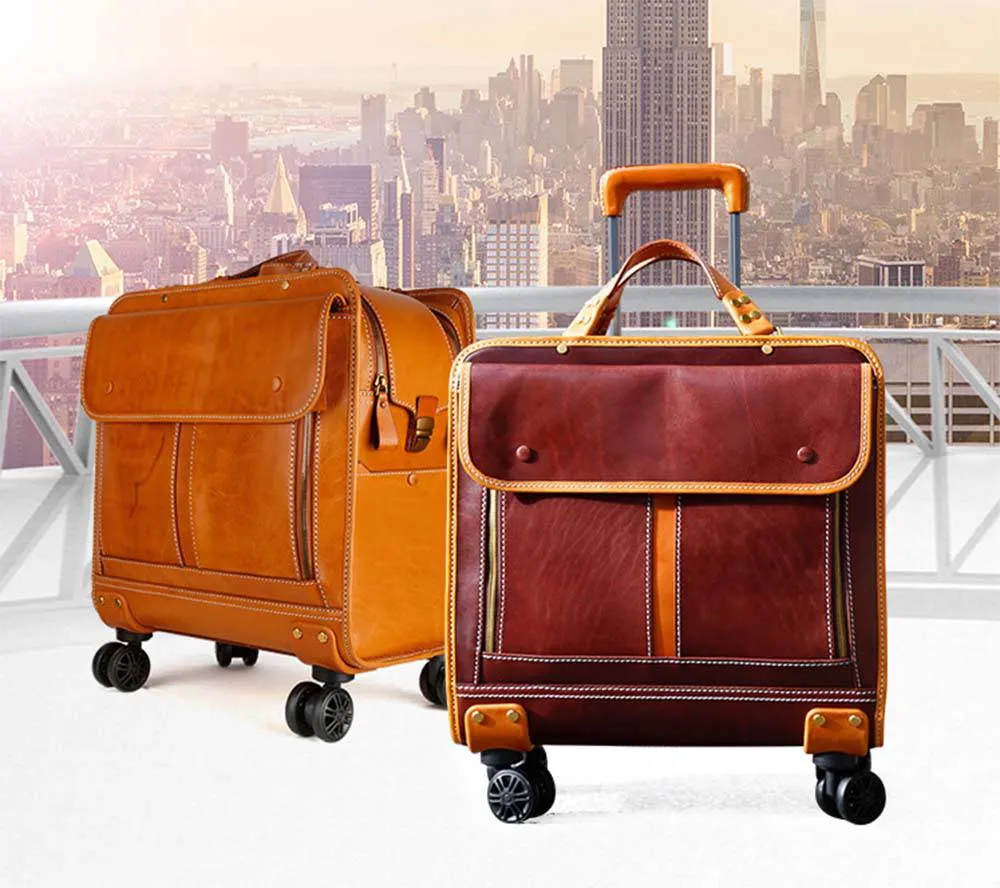 Genuine Vintage Italian Vegetable Tanned Leather 20-inch Carry-on Universal wheel Cabin Rolling Spinner Travel Luggage